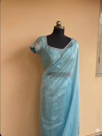 Yellow tissue silk saree with Embroidered blouse|tissue saree with readymade blouse