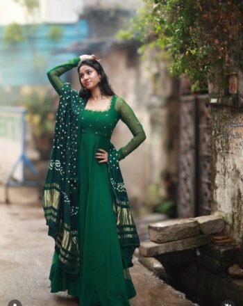 Green Georgette Anarkali Suit: Hand Embroidered Indian Dress
